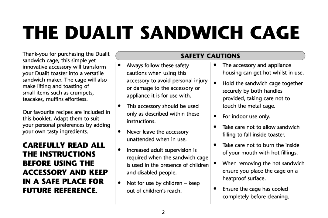 Dualit manual Safety Cautions, The Dualit Sandwich Cage 