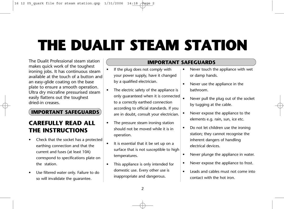 Dualit Steam Station Iron instruction manual Dualit Steam Station, Important Safeguards 