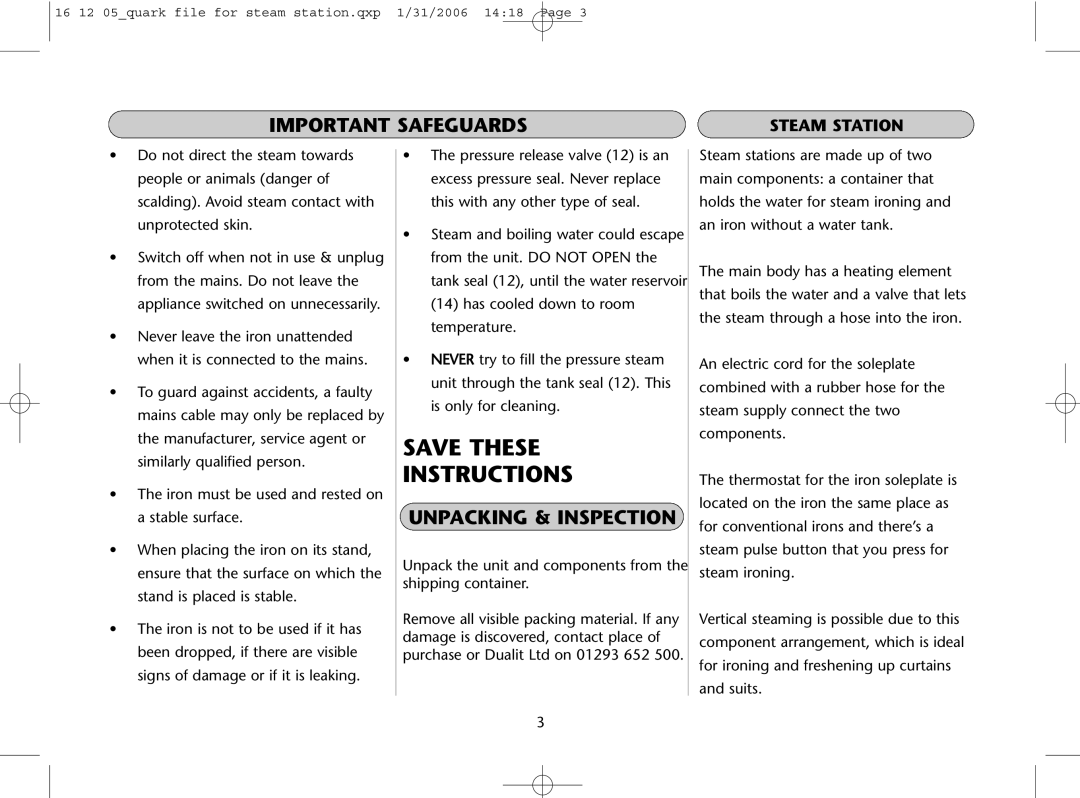 Dualit Steam Station Iron instruction manual Unpacking & Inspection 