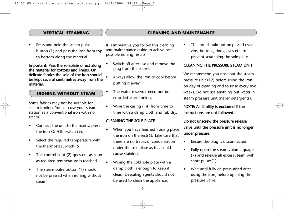 Dualit Steam Station Iron instruction manual Vertical Steaming Cleaning and Maintenance, Ironing Without Steam 