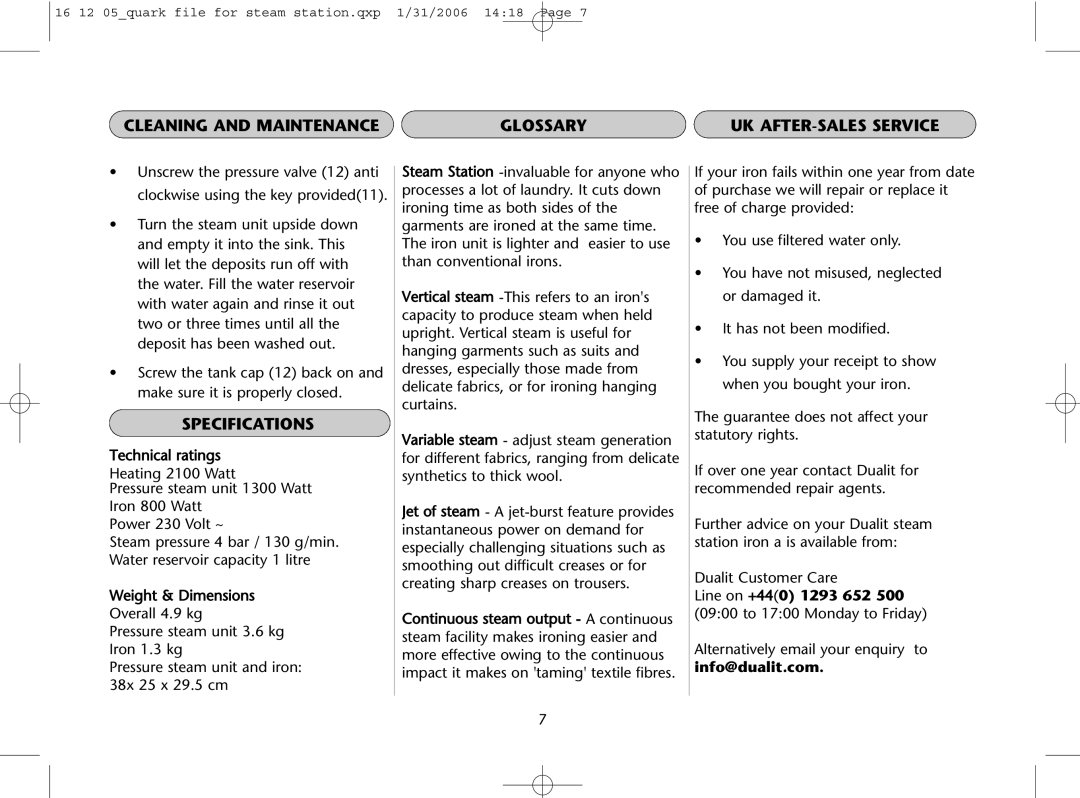 Dualit Steam Station Iron instruction manual Cleaning and Maintenance Glossary, Specifications 