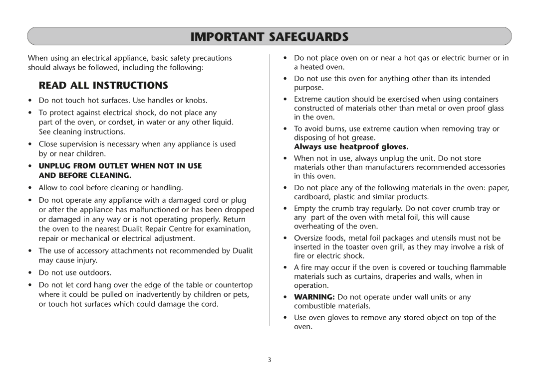 Dualit UK 06/05 manual Important Safeguards, Read ALL Instructions, Always use heatproof gloves 