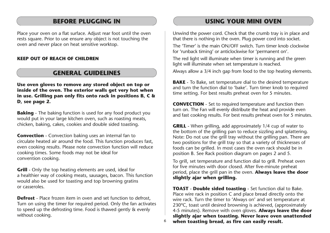 Dualit UK 06/05 Before Plugging Using Your Mini Oven, General Guidelines, When toasting bread, as fire can easily result 