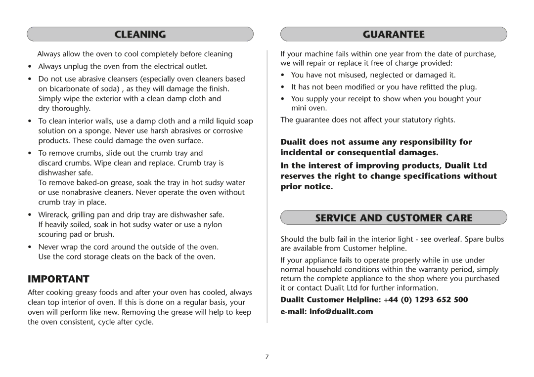 Dualit UK 06/05 manual Cleaning, Guarantee, Service and Customer Care 