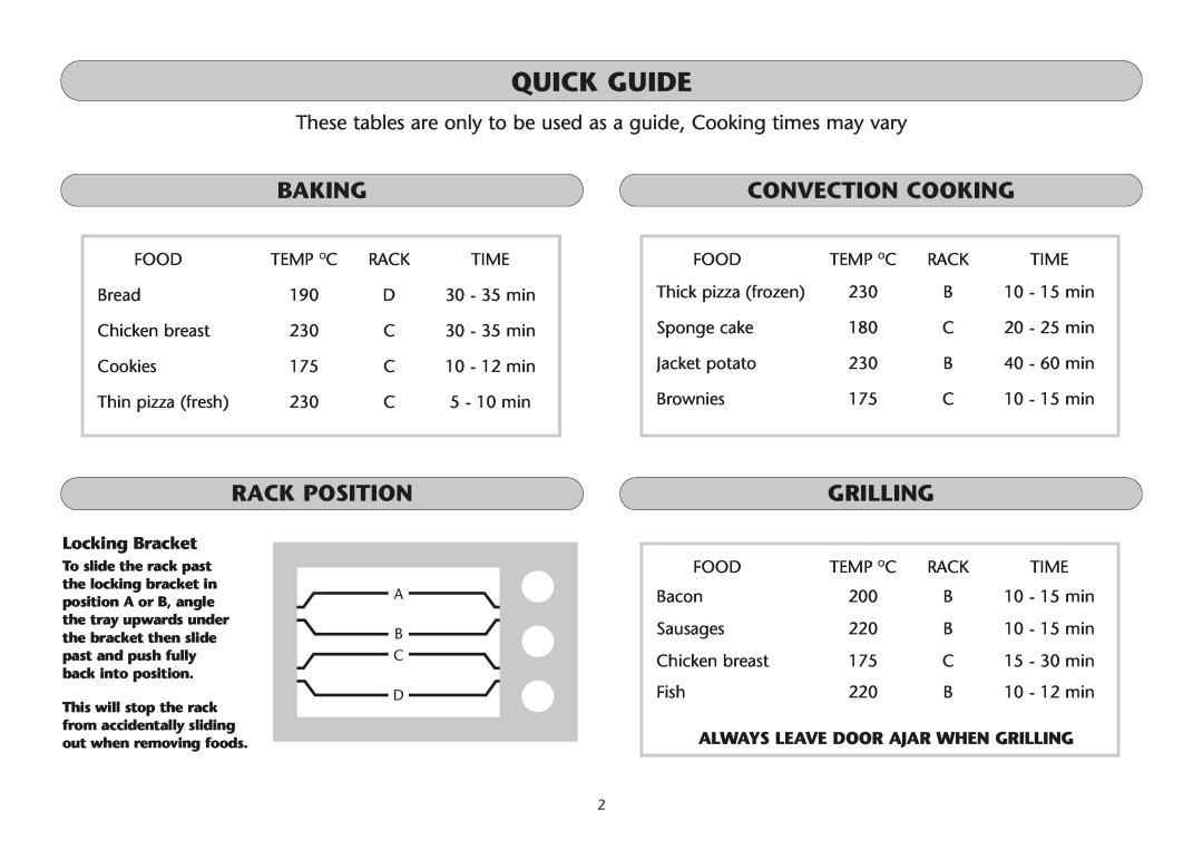 Dualit UK 06/05 manual Quick Guide, Baking, Convection Cooking, Rack Position, Grilling, Locking Bracket 