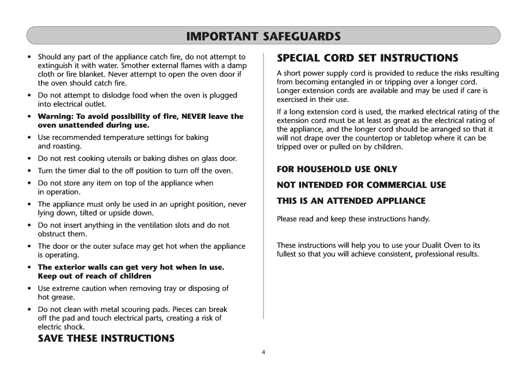 Dualit UK 06/05 manual Save These Instructions, Important Safeguards, Special Cord Set Instructions, For Household Use Only 