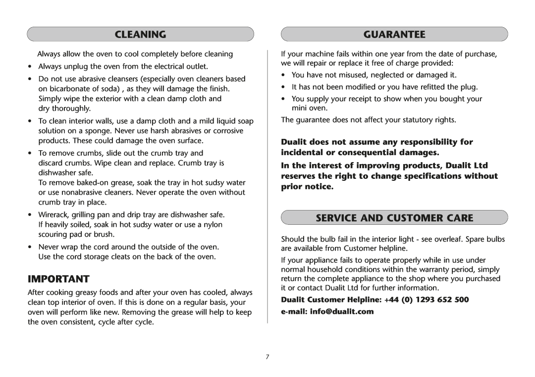 Dualit UK 06/05 manual Cleaning, Guarantee, Service And Customer Care, Dualit Customer Helpline +44 