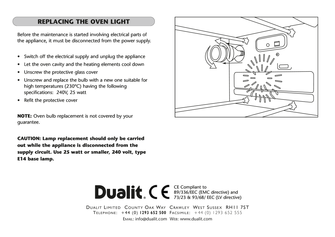 Dualit UK 06/05 manual Replacing The Oven Light 