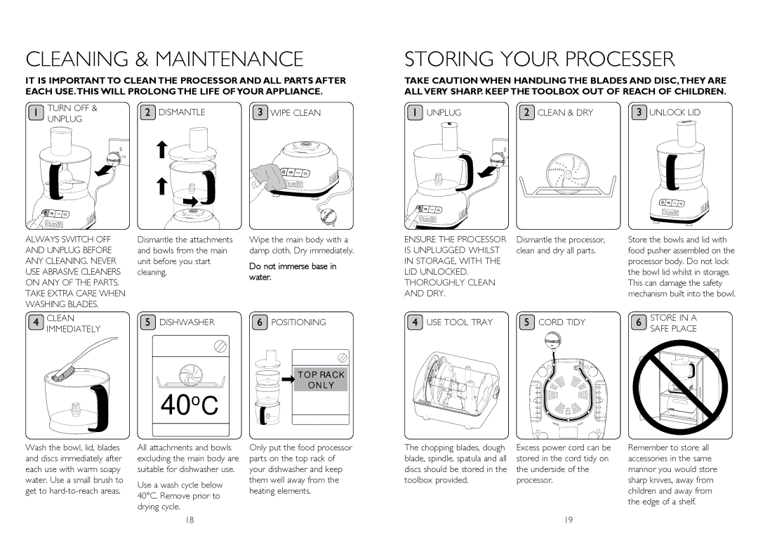 Dualit XL1500 instruction manual Cleaning & Maintenance, Storing Your Processer, Do not immerse base, Water 