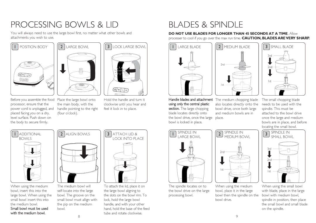 Dualit XL1500 instruction manual Processing Bowls & LID, Blades & Spindle 