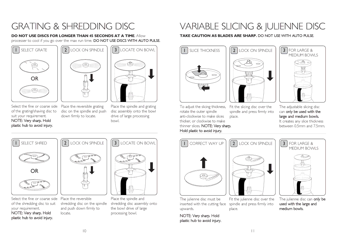 Dualit XL1500 instruction manual Grating & Shredding Disc, Hold plastic to avoid injury, Medium Bowls 