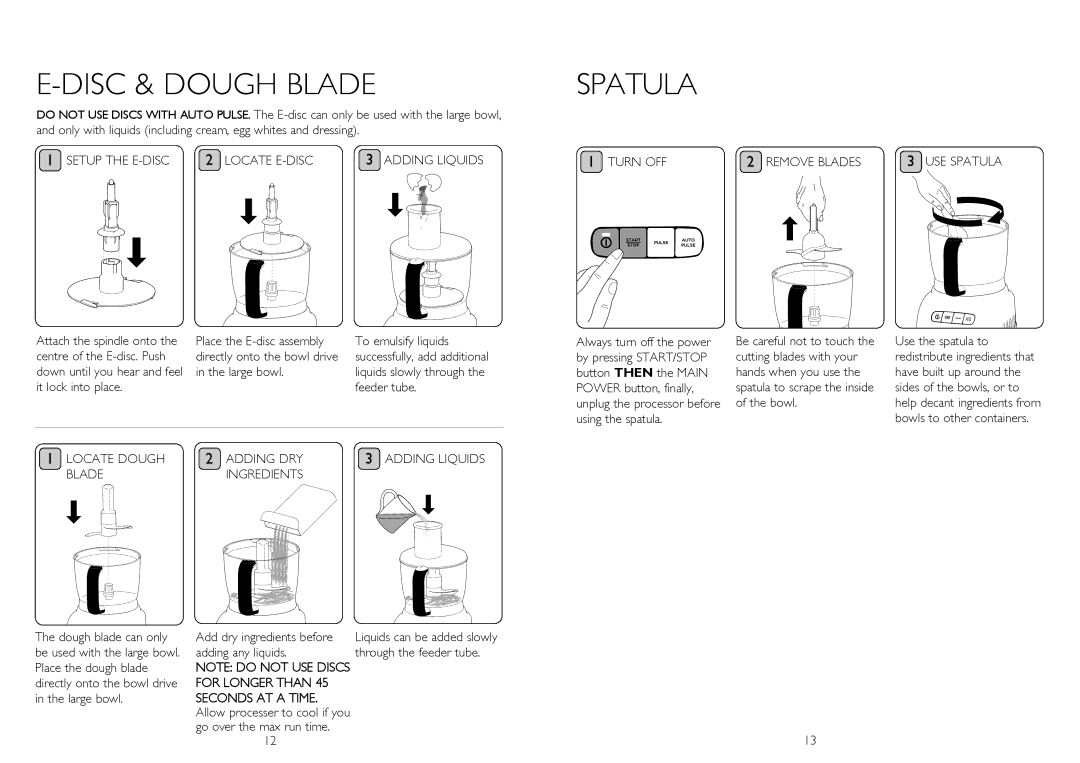 Dualit XL1500 Disc & Dough Blade, Spatula, Setup the E-DISC Locate E-DISC Adding Liquids, Turn OFF Remove Blades 