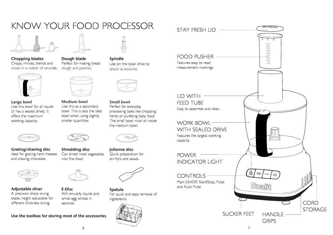 Dualit XL1500 Know Your Food Processor, Stay Fresh Lid, Food Pusher, Lid With Feed Tube, Work Bowl With Sealed Drive, Cord 