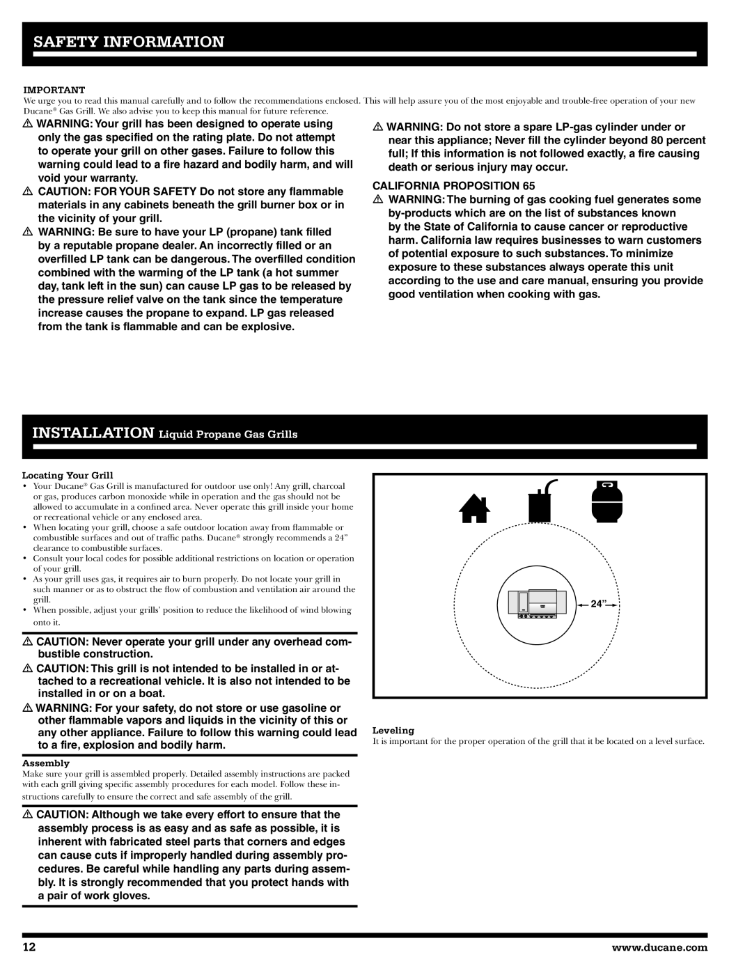 Ducane 2020801 owner manual Safety Information, Locating Your Grill, Assembly, Leveling 