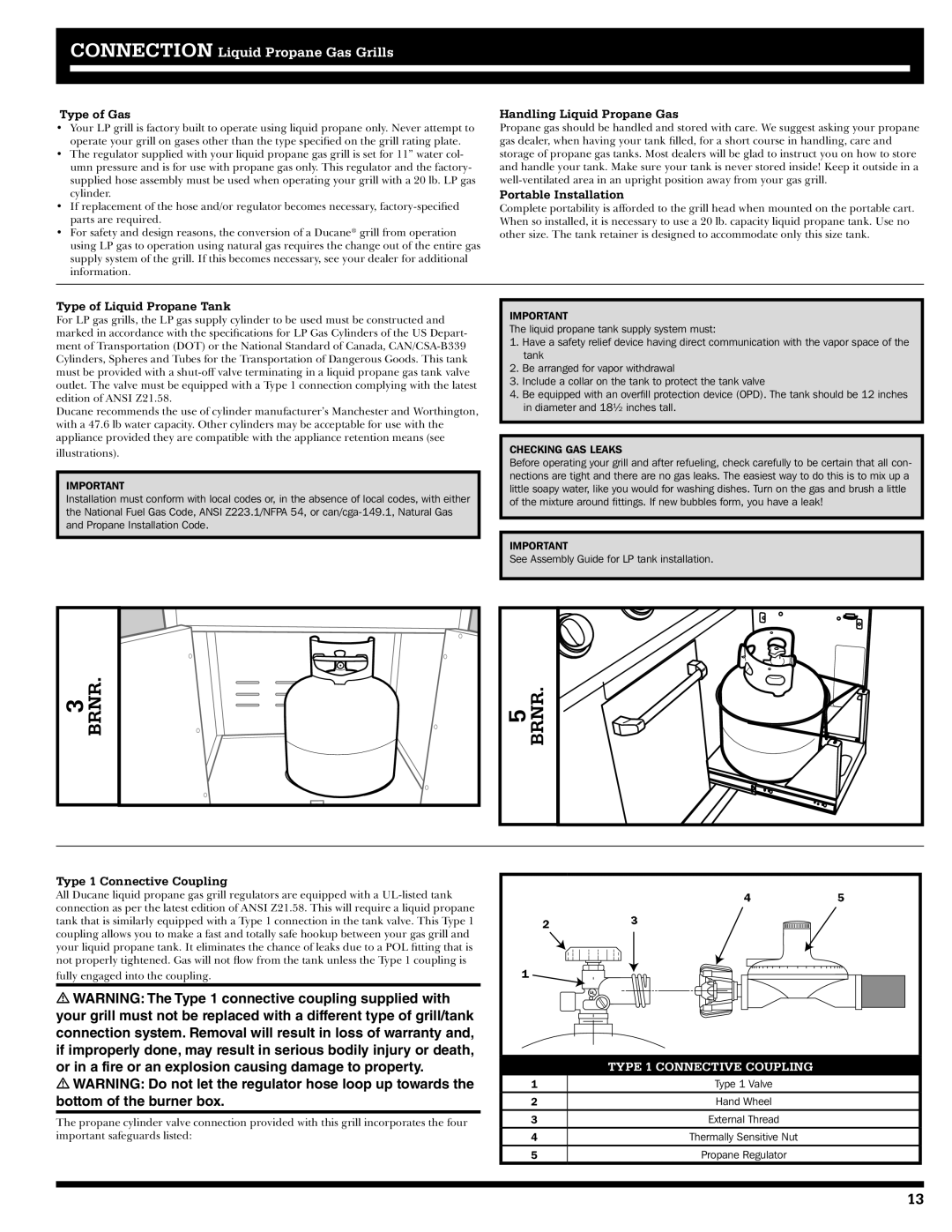 Ducane 2020801 owner manual Type of Gas, Handling Liquid Propane Gas, Portable Installation, Type of Liquid Propane Tank 