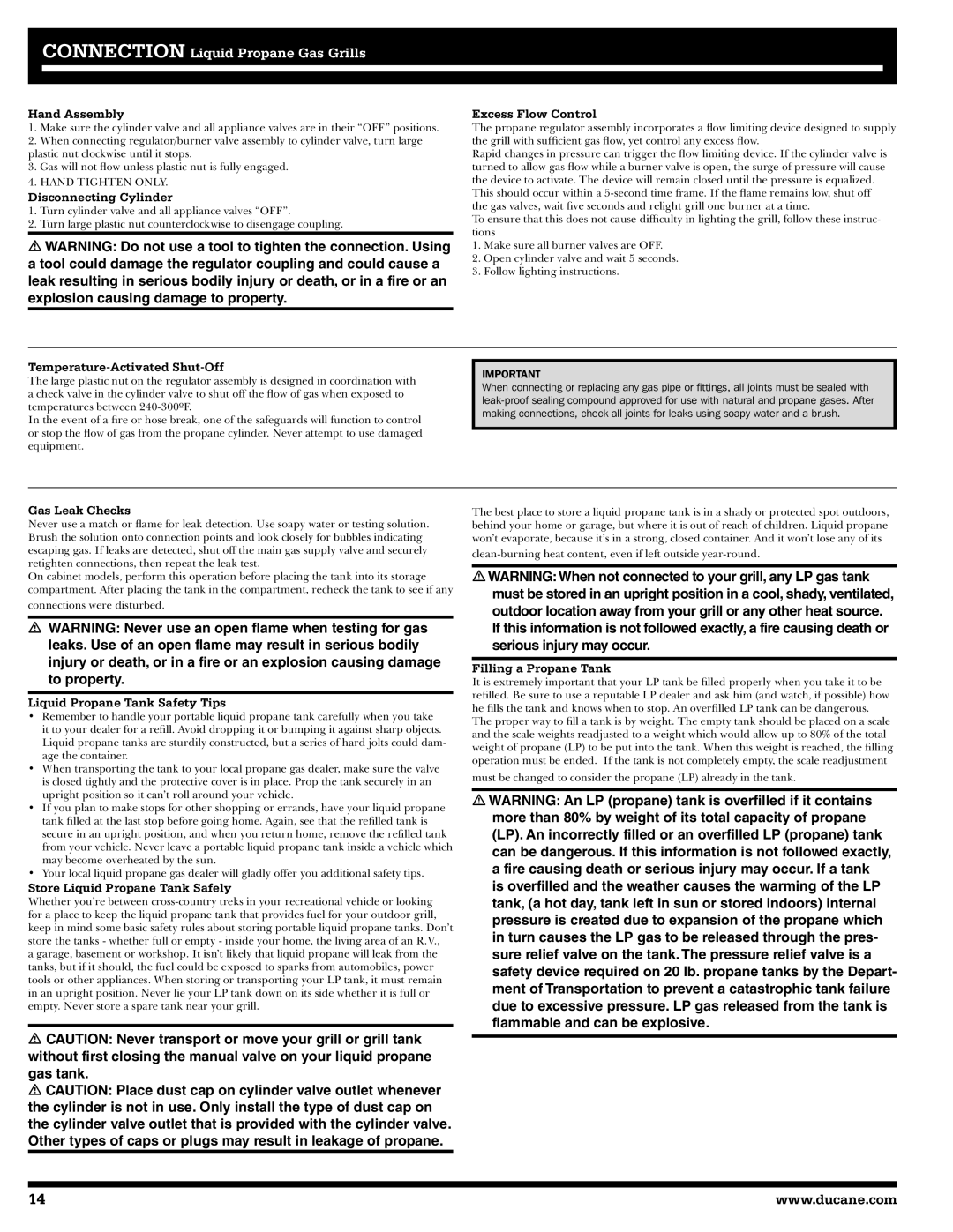 Ducane 2020801 Hand Assembly, Disconnecting Cylinder, Excess Flow Control, Temperature-Activated Shut-Off, Gas Leak Checks 