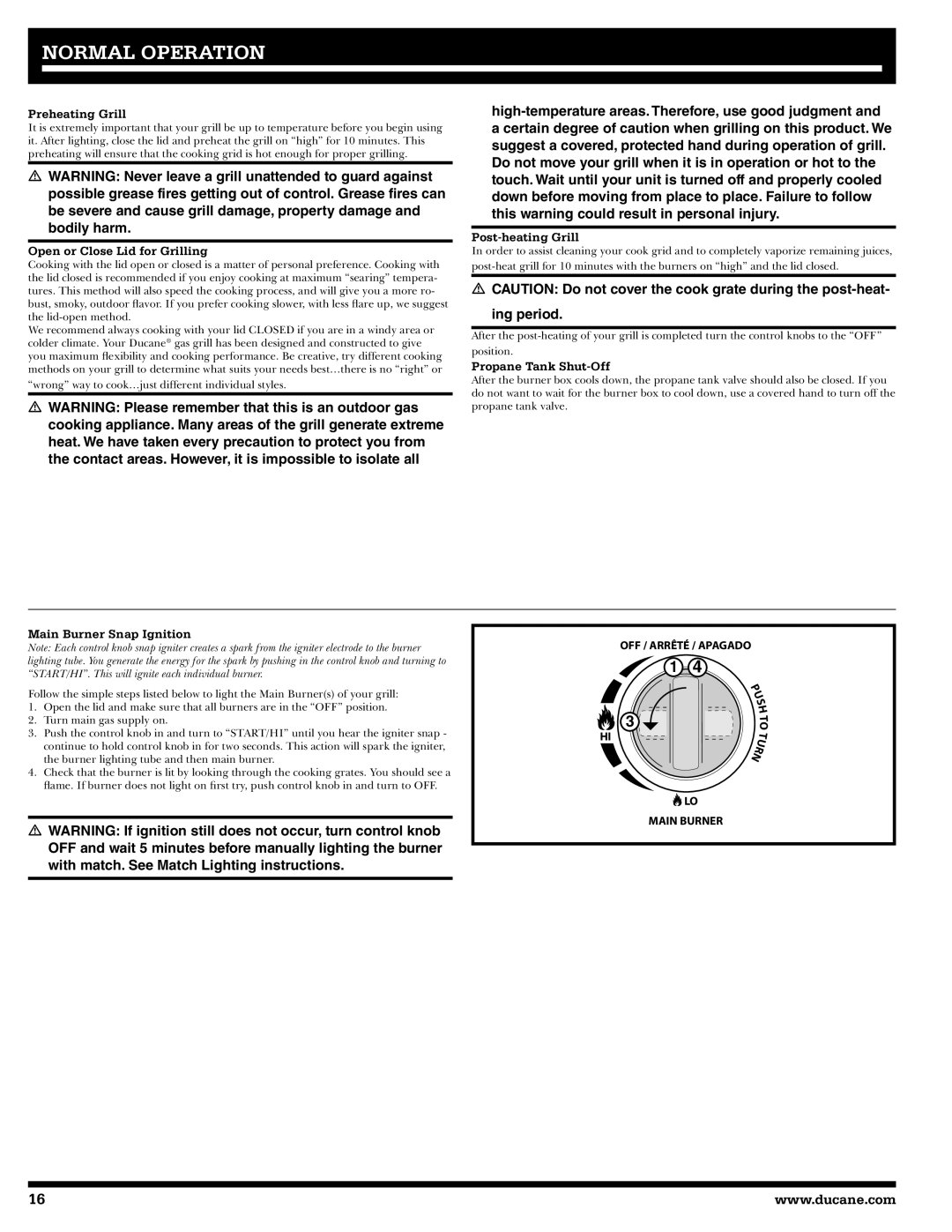 Ducane 2020801 owner manual Preheating Grill, Open or Close Lid for Grilling, Main Burner Snap Ignition, Post-heating Grill 
