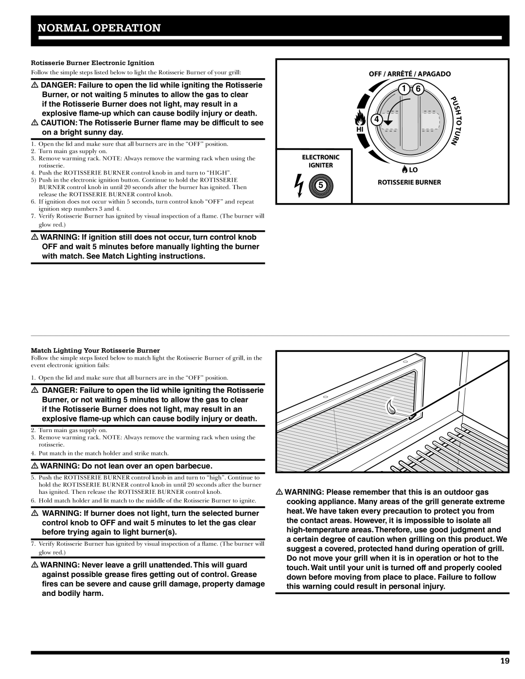 Ducane 2020801 owner manual Rotisserie Burner Electronic Ignition, Match Lighting Your Rotisserie Burner 