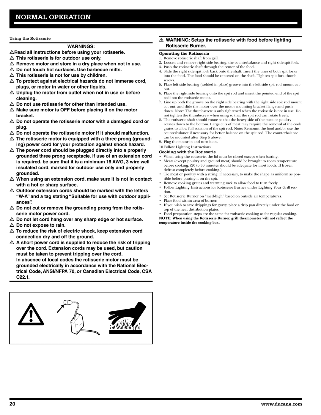 Ducane 2020801 owner manual Using the Rotisserie, Operating the Rotisserie, Cooking with the Rotisserie 