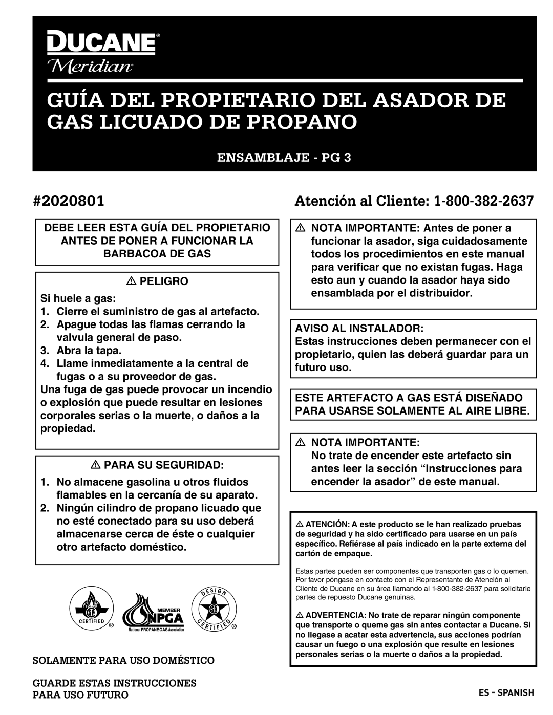 Ducane 2020801 owner manual Guía DEL Propietario DEL Asador DE GAS Licuado DE Propano 