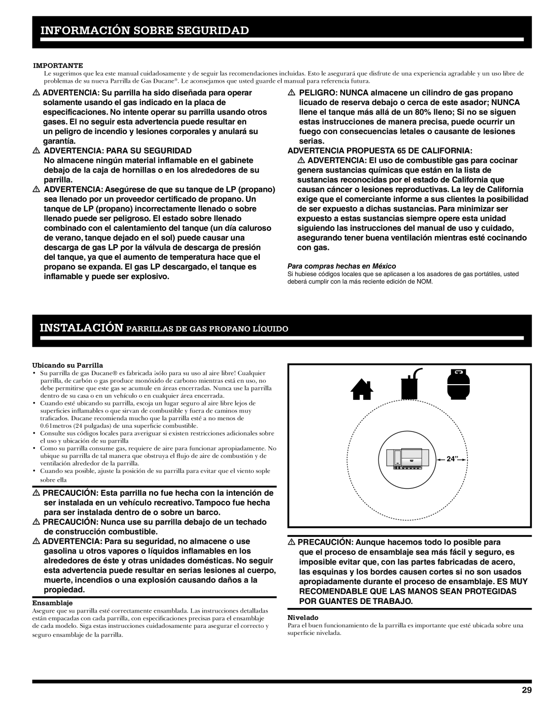 Ducane 2020801 owner manual Información Sobre Seguridad, Ubicando su Parrilla, Ensamblaje, Nivelado 