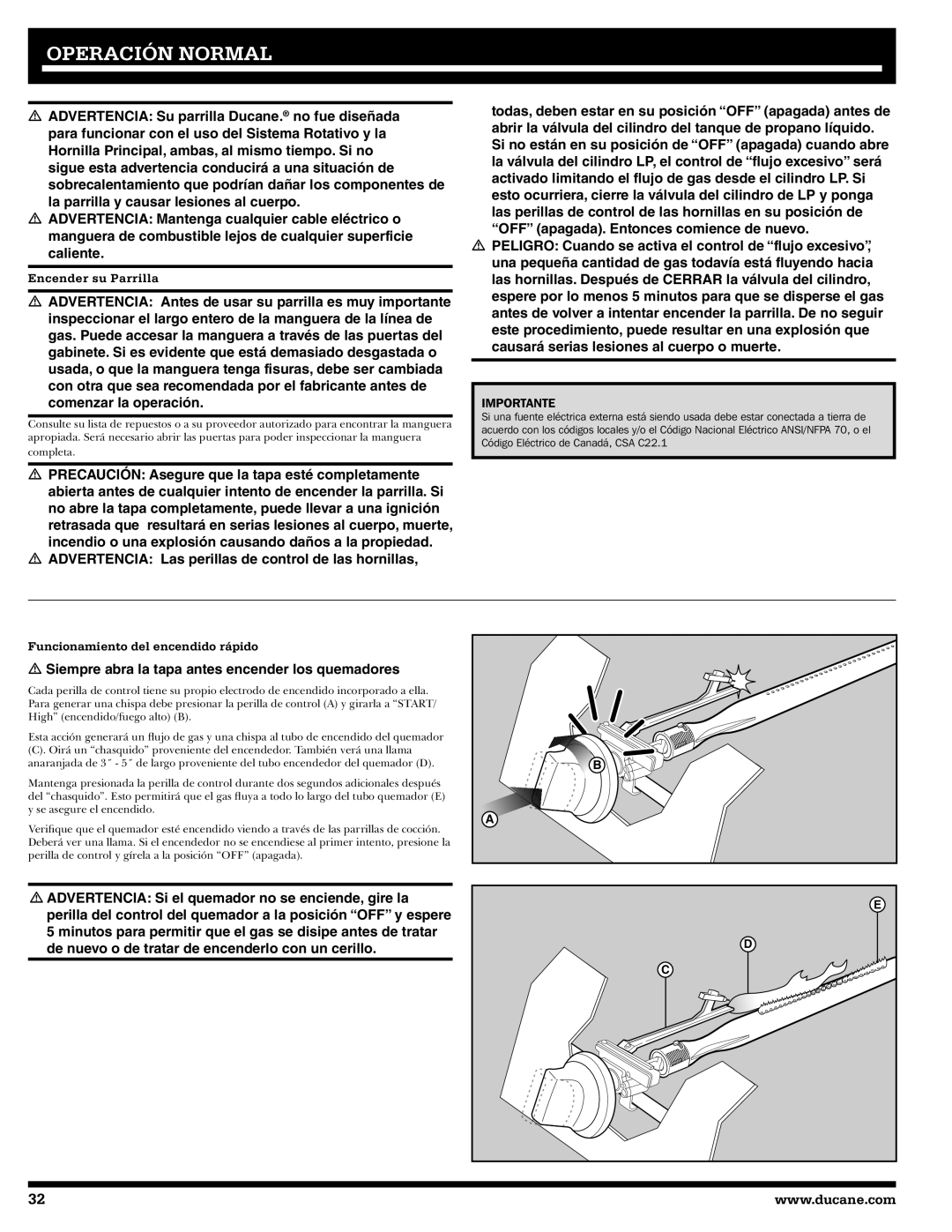 Ducane 2020801 owner manual Operación Normal, Encender su Parrilla, Funcionamiento del encendido rápido 