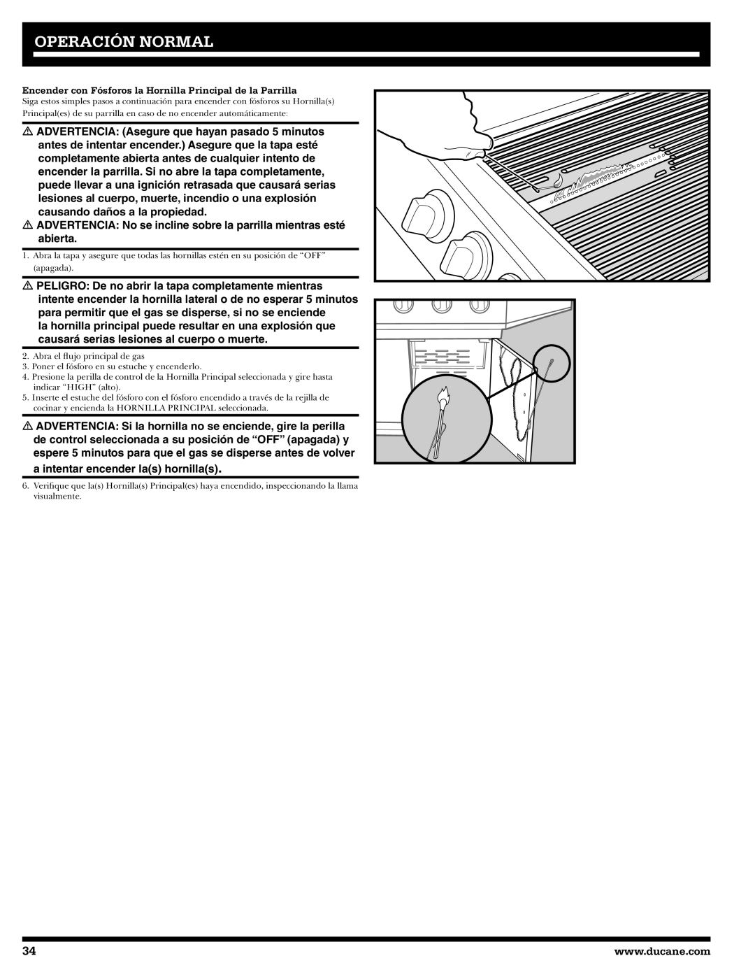 Ducane 2020801 owner manual Encender con Fósforos la Hornilla Principal de la Parrilla 