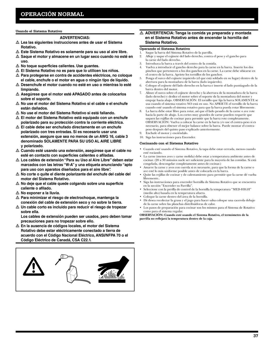 Ducane 2020801 owner manual Usando el Sistema Rotativo, Operando el Sistema Rotativo, Cocinando con el Sistema Rotativo 