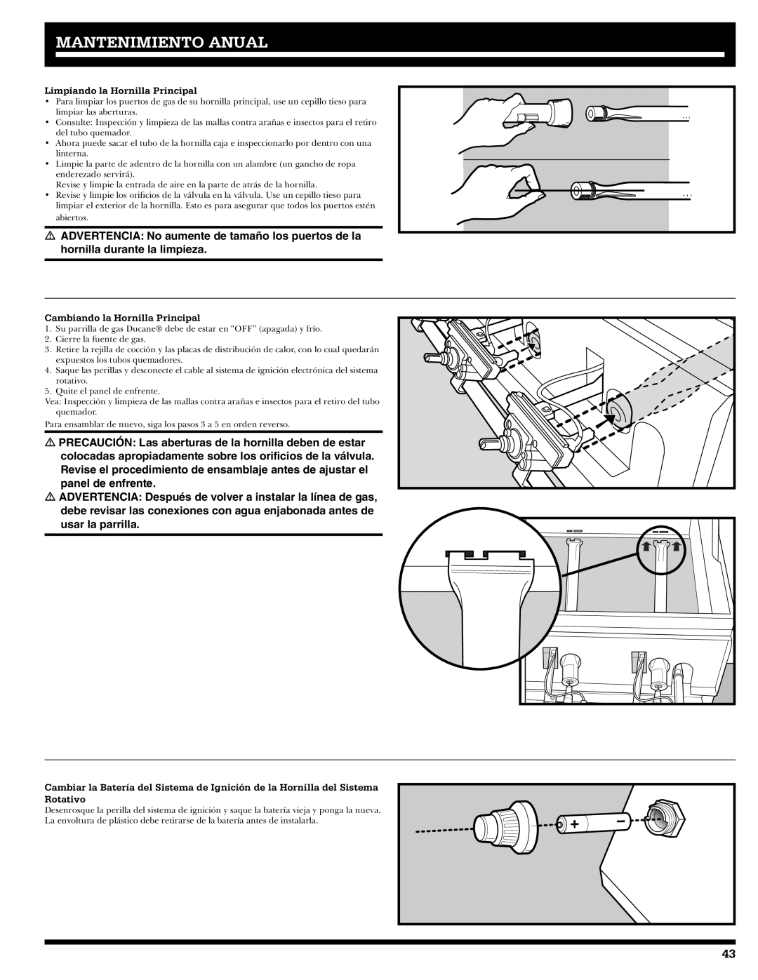 Ducane 2020801 owner manual Limpiando la Hornilla Principal, Cambiando la Hornilla Principal 