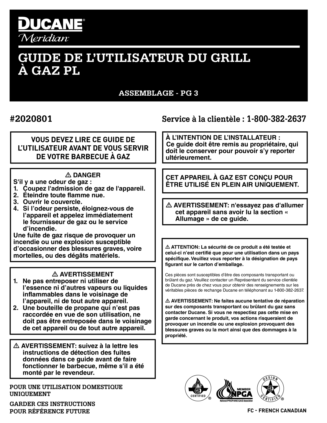 Ducane 2020801 owner manual Guide DE L’UTILISATEUR DU Grill À GAZ PL 