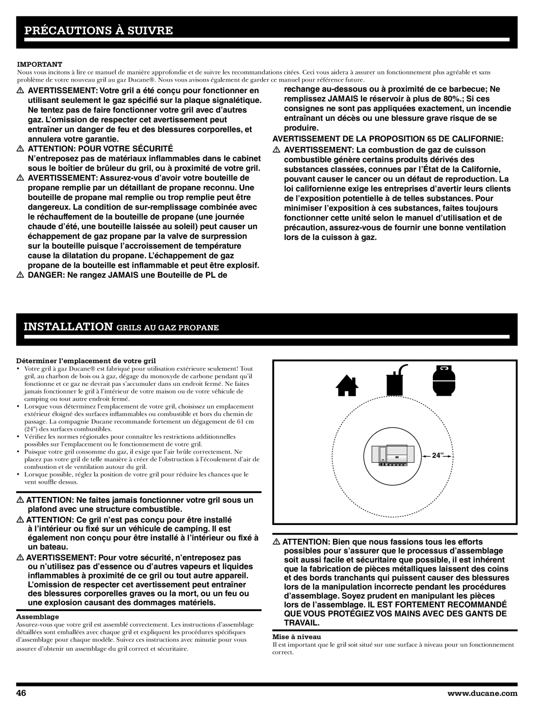 Ducane 2020801 owner manual Précautions À Suivre, Déterminer l’emplacement de votre gril, Assemblage, Mise à niveau 