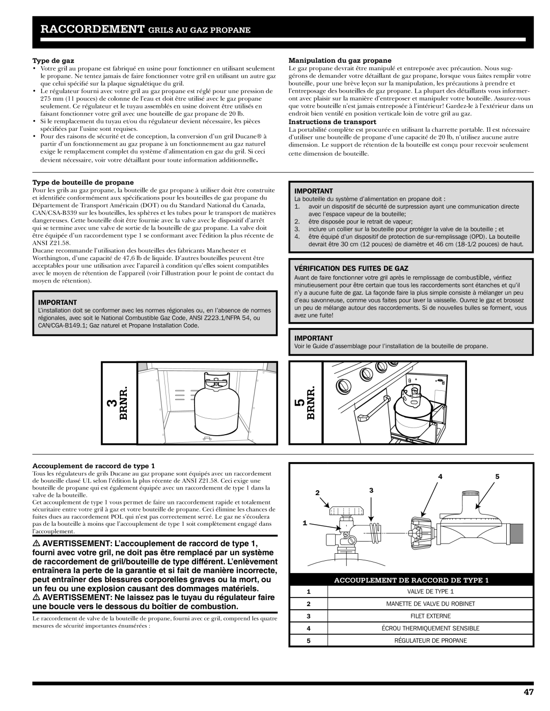 Ducane 2020801 Type de gaz, Manipulation du gaz propane, Instructions de transport, Type de bouteille de propane 