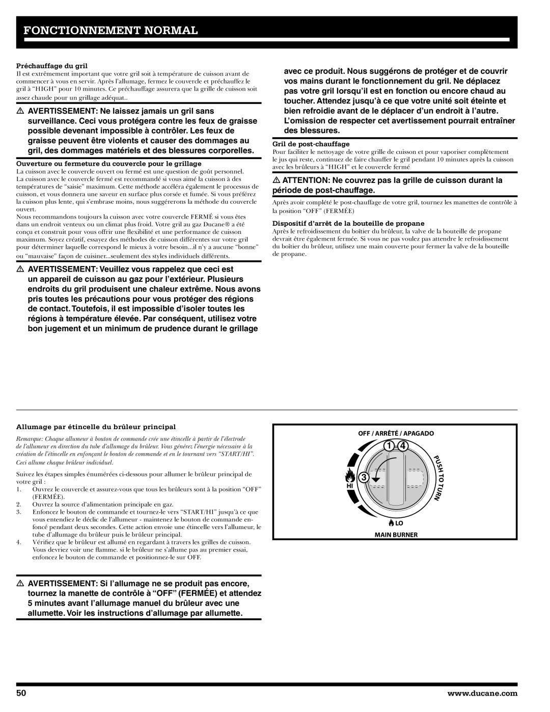 Ducane 2020801 Préchauffage du gril, Ouverture ou fermeture du couvercle pour le grillage, Gril de post-chauffage 