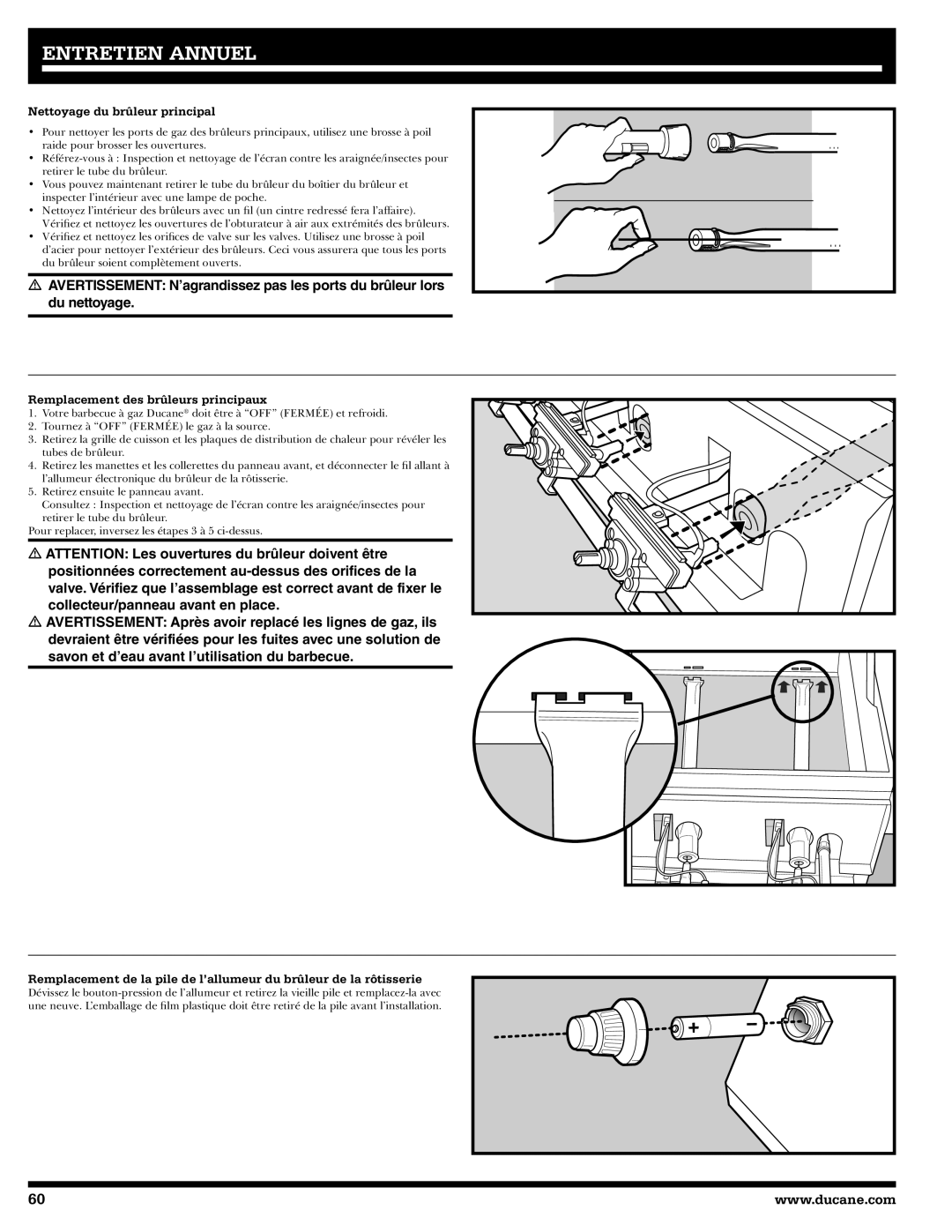 Ducane 2020801 owner manual Nettoyage du brûleur principal, Remplacement des brûleurs principaux 