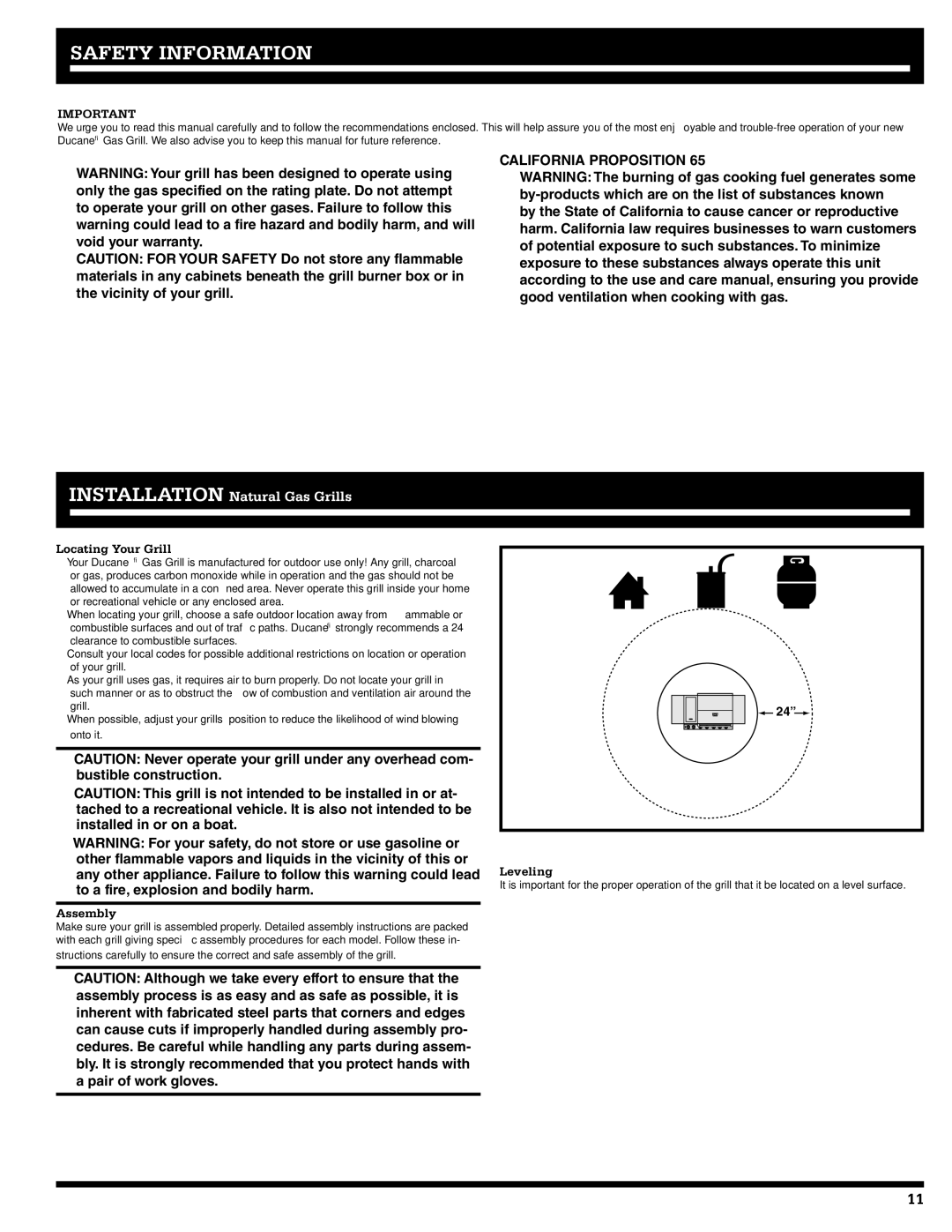 Ducane 2020802 owner manual Safety Information, Locating Your Grill, Assembly, Leveling 