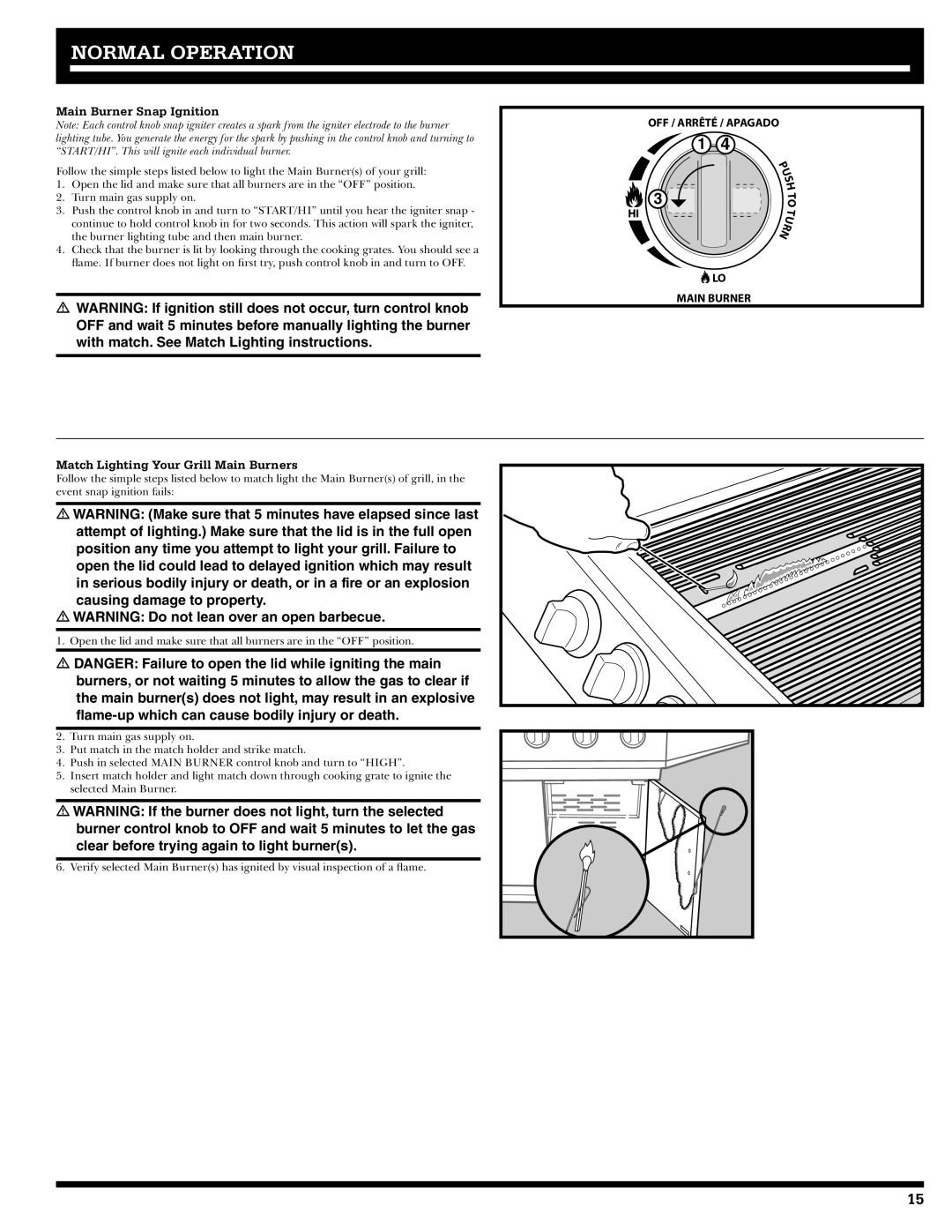 Ducane 2020802 owner manual Main Burner Snap Ignition, Match Lighting Your Grill Main Burners 