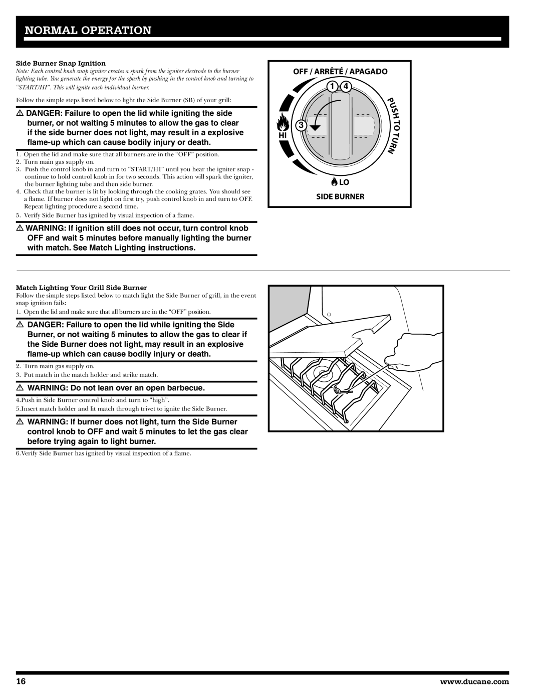 Ducane 2020802 owner manual Side Burner Snap Ignition, Match Lighting Your Grill Side Burner 