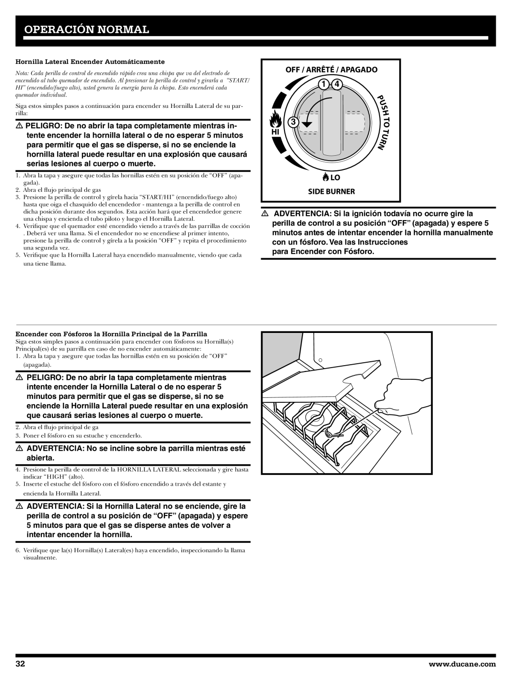 Ducane 2020802 owner manual Hornilla Lateral Encender Automáticamente 