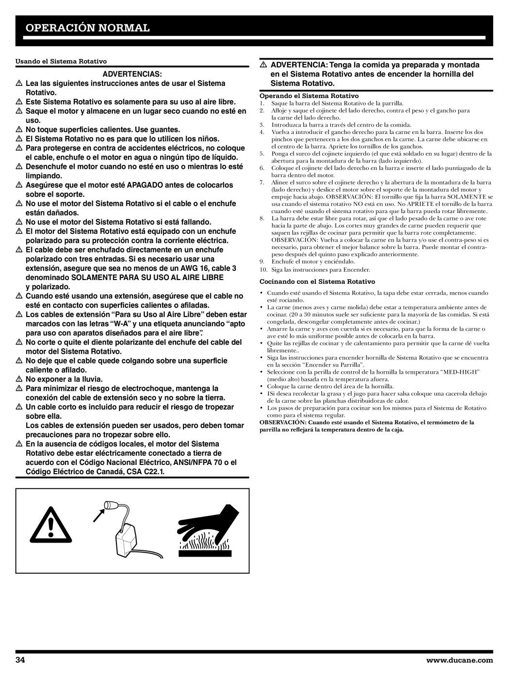 Ducane 2020802 owner manual Usando el Sistema Rotativo, Operando el Sistema Rotativo, Cocinando con el Sistema Rotativo 