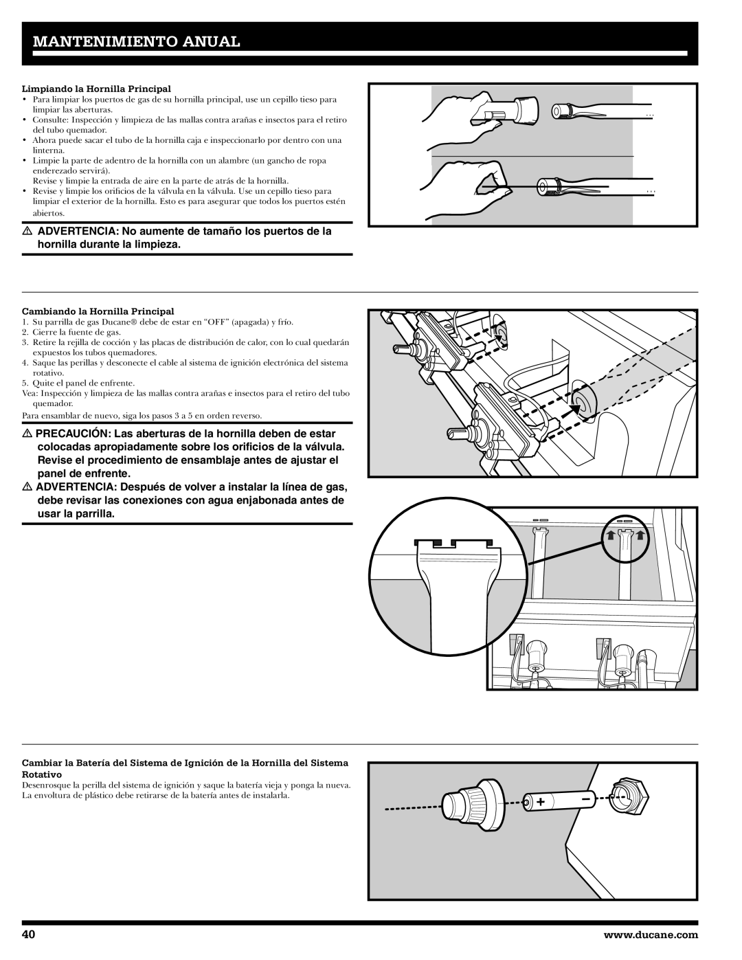 Ducane 2020802 owner manual Limpiando la Hornilla Principal, Cambiando la Hornilla Principal 