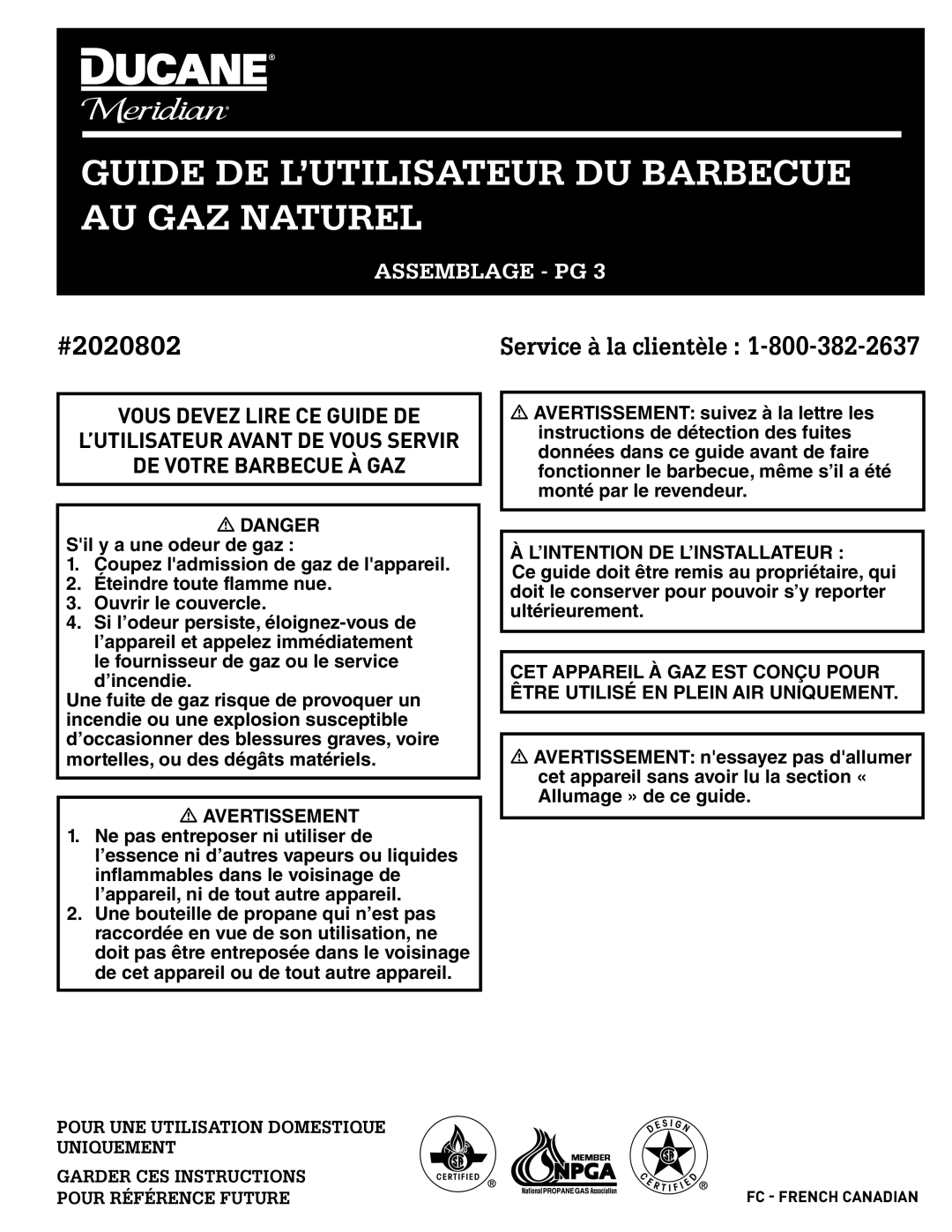 Ducane 2020802 owner manual Guide DE L’UTILISATEUR DU Barbecue AU GAZ Naturel 