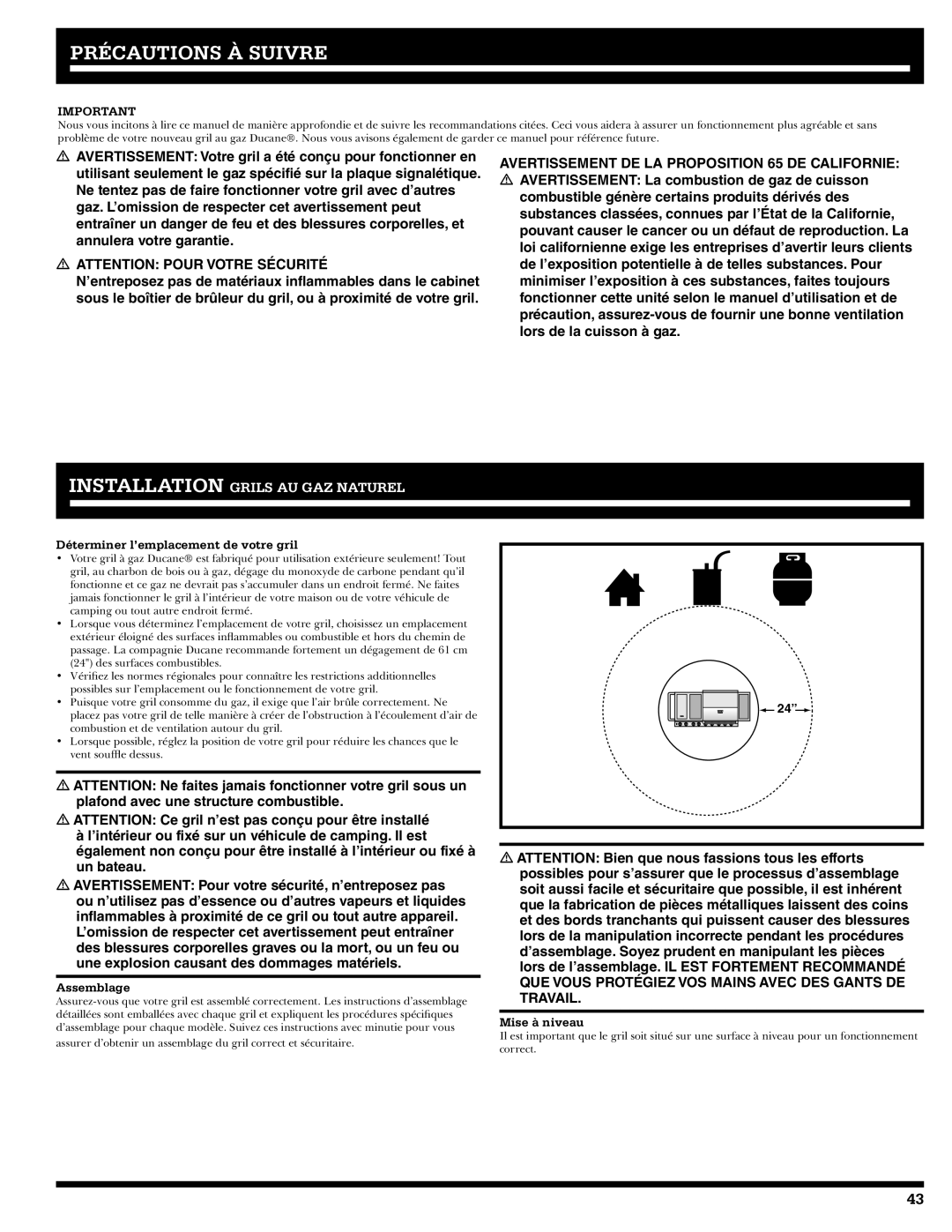 Ducane 2020802 owner manual Précautions À Suivre, Déterminer l’emplacement de votre gril, Assemblage, Mise à niveau 