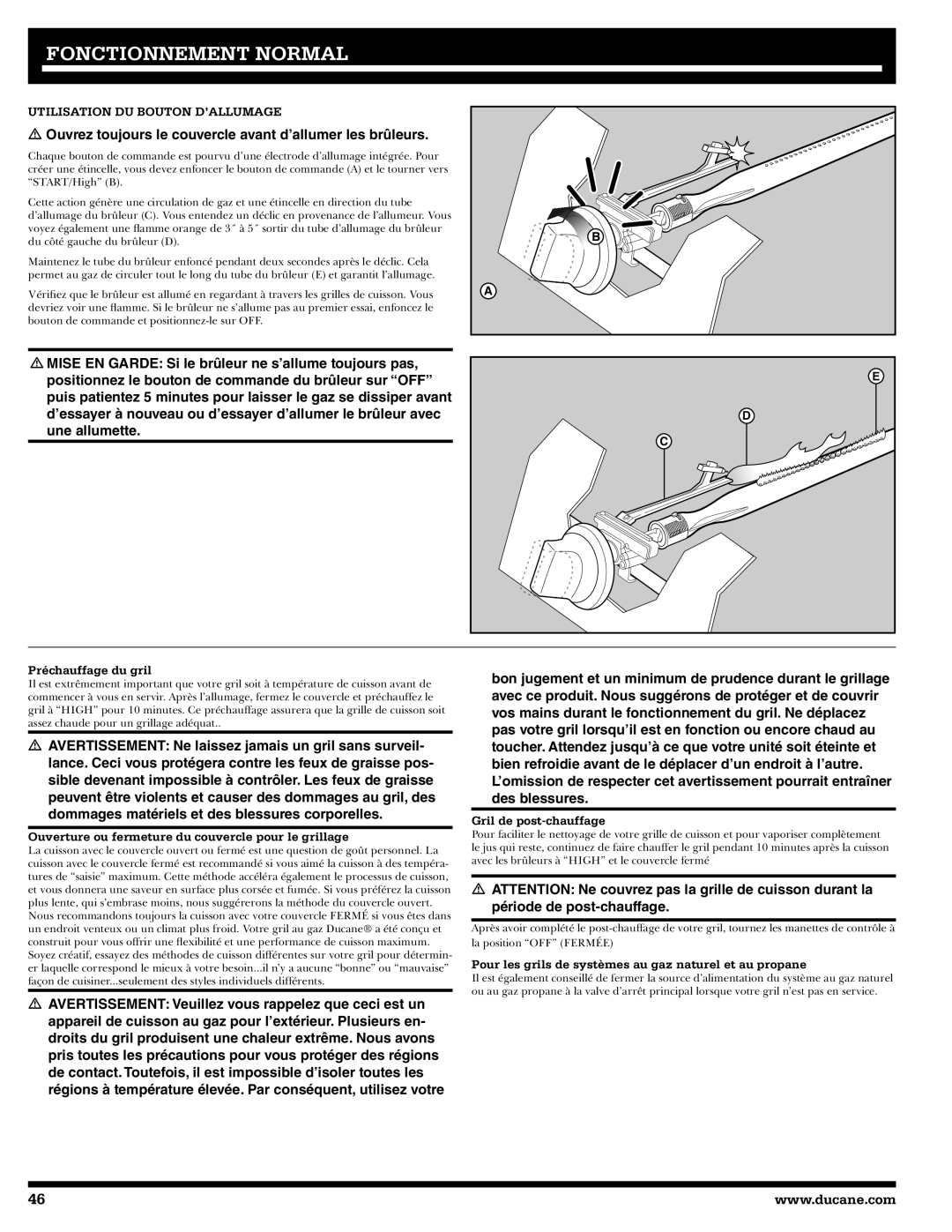 Ducane 2020802 Fonctionnement Normal, Préchauffage du gril, Ouverture ou fermeture du couvercle pour le grillage 