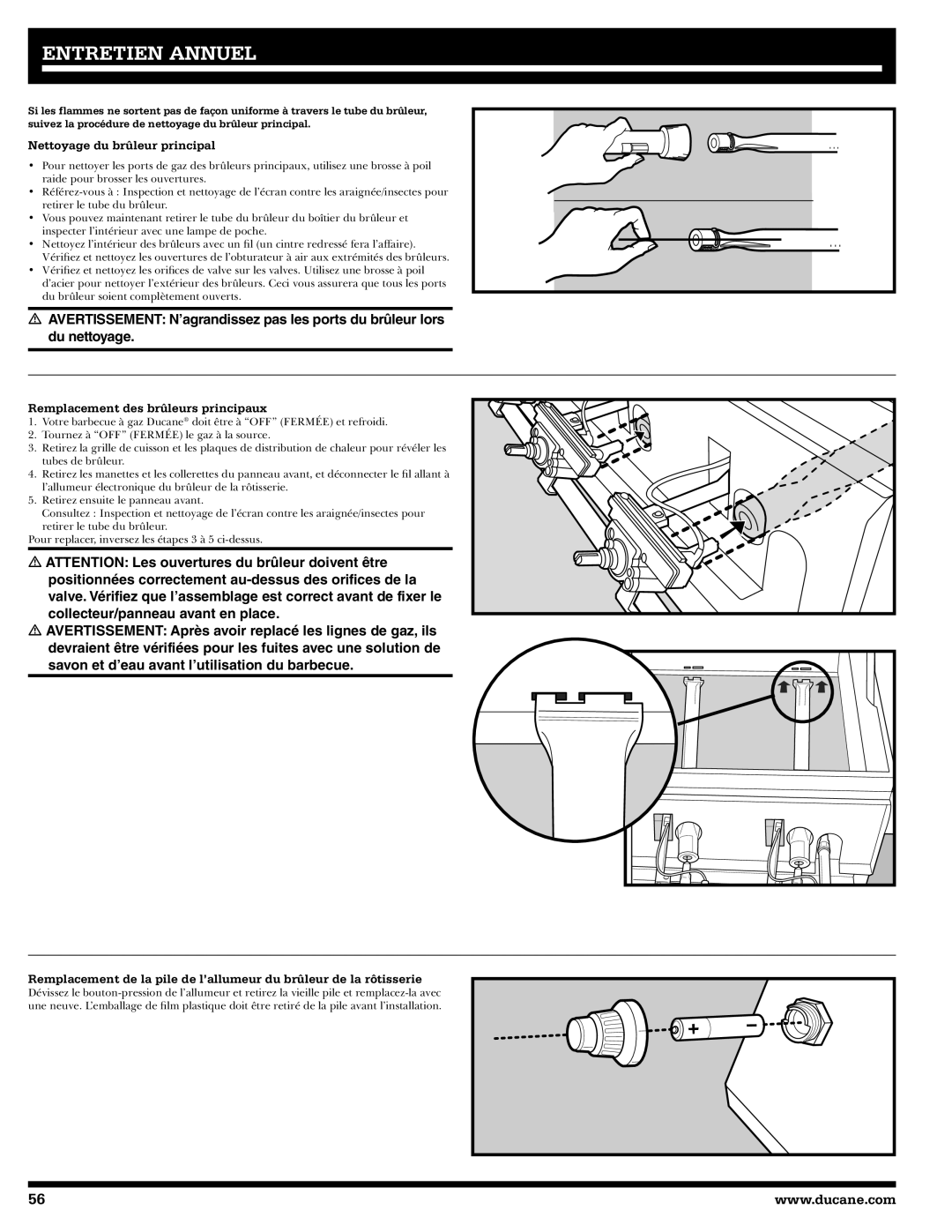 Ducane 2020802 owner manual Nettoyage du brûleur principal, Remplacement des brûleurs principaux 