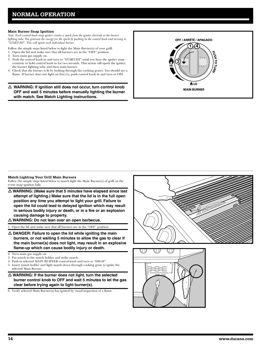 Ducane 2020805 owner manual Main Burner Snap Ignition, Match Lighting Your Grill Main Burners 