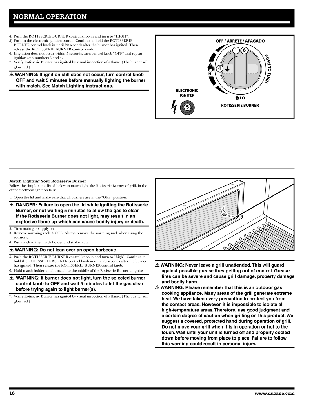 Ducane 2020805 owner manual OFF / Arrêté / Apagado Rotisserie Burner, Match Lighting Your Rotisserie Burner 