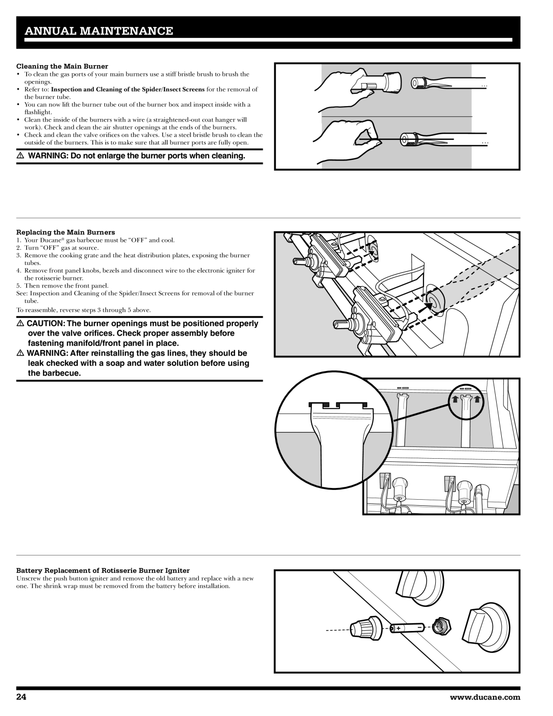 Ducane 2020805 Cleaning the Main Burner, Replacing the Main Burners, Battery Replacement of Rotisserie Burner Igniter 