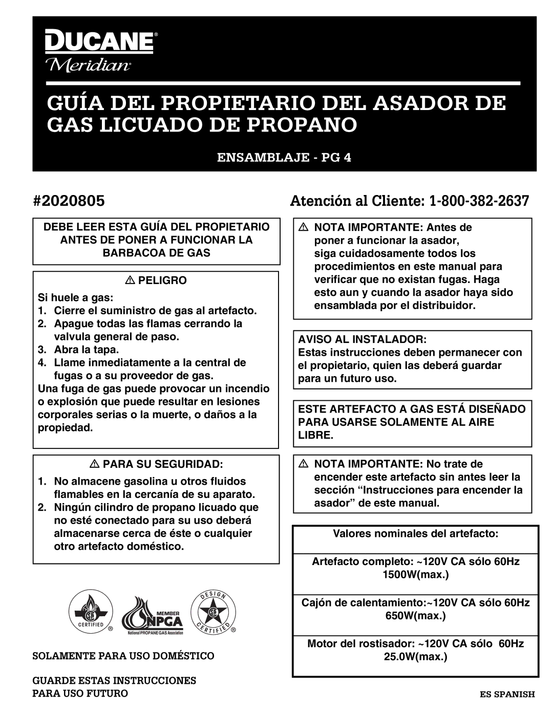 Ducane 2020805 owner manual Guía DEL Propietario DEL Asador DE GAS Licuado DE Propano 