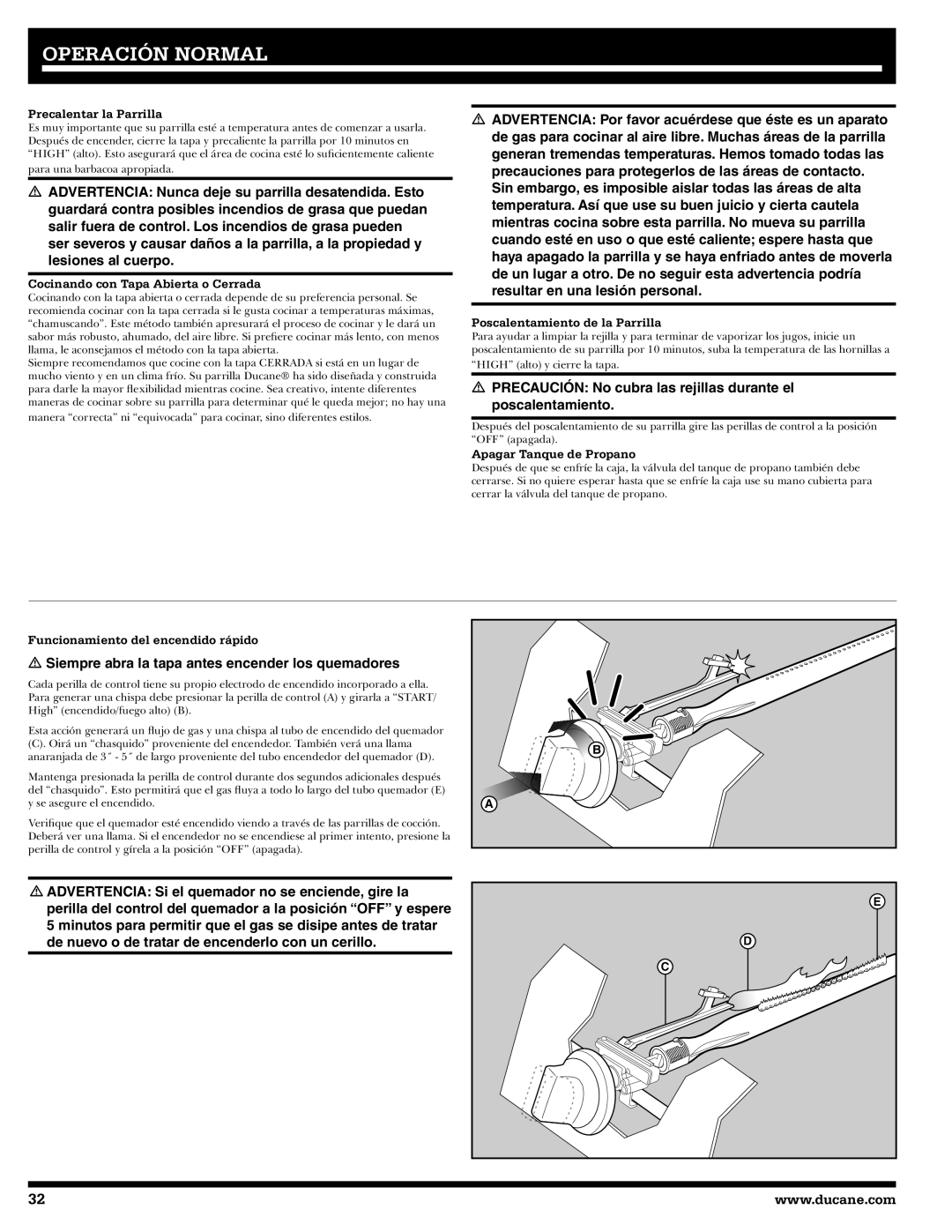 Ducane 2020805 owner manual Precalentar la Parrilla, Cocinando con Tapa Abierta o Cerrada, Poscalentamiento de la Parrilla 