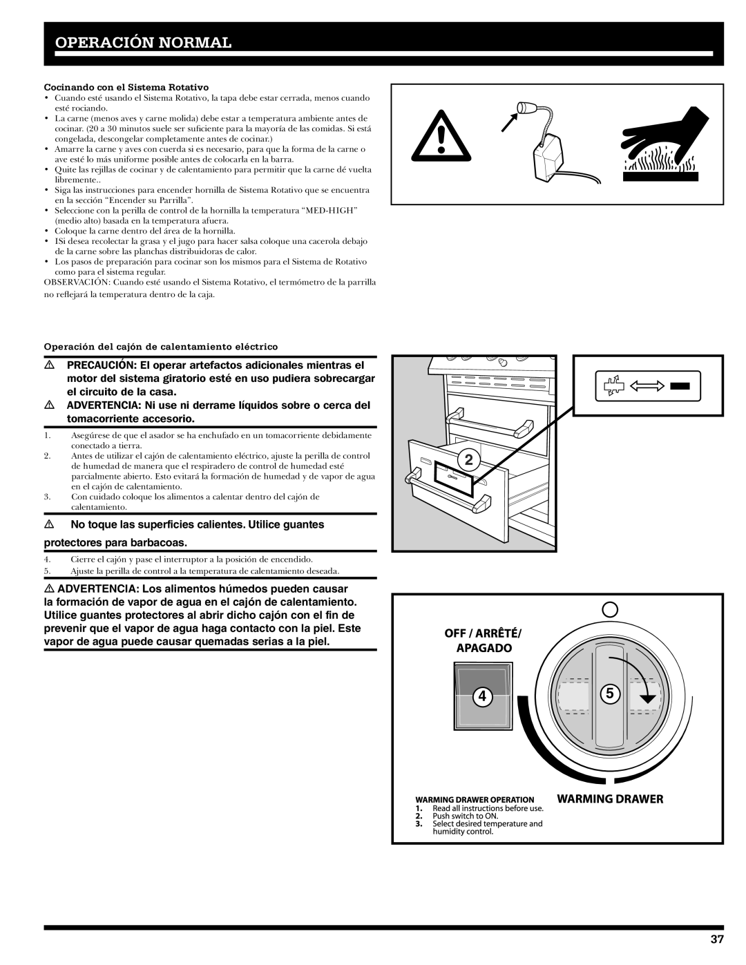 Ducane 2020805 owner manual Cocinando con el Sistema Rotativo, Operación del cajón de calentamiento eléctrico 